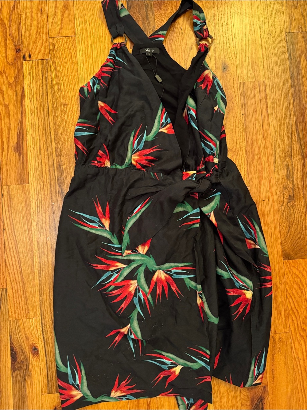 Rails Black One-Shoulder Tropical Wrap Dress with Red & Green Print
